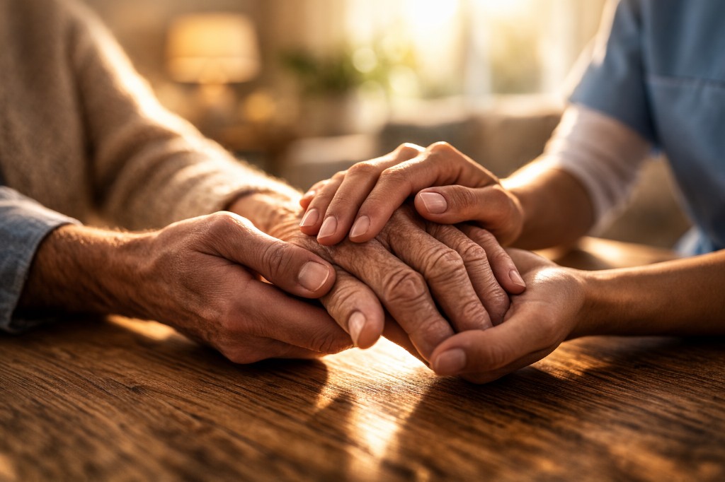 An elderly person’s hands gently clasped, supported from below by a family member and from above by a caregiver’s hand—warm light on a wooden table, conveying compassion, support, and care at home.
